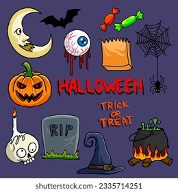 Halloween graphic elements. Pumpkins, witch hat, cauldron, bat, cemetary, candy, eyeball, skull. Hand drawn. Vector illustration. Set of halloween for invitations, postcard, scrap book, poster.