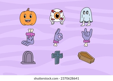 Halloween graphic elements set with pumpkin, eye, ghost, zombie hand, gravestone, coffin