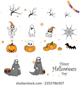 Halloween graphic of elements  sticks, pumpkins, ghosts, zombie, bat, spider web, star and others. Vector illustration.