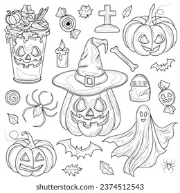 Halloween graphic elements.Hand drawn set.Coloring book antistress for children and adults. Illustration isolated on white background.