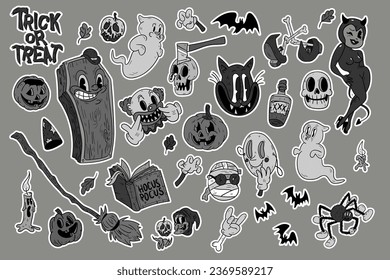 Halloween graphic retro cartoon elements - pumpkins, ghosts, zombie, cat, broom, witch, skull and others. Hand drawn set. Vector illustration. Stickers collection