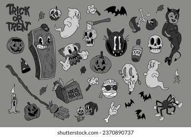 Halloween graphic retro cartoon elements - pumpkins, ghosts, zombie, cat, broom, witch, skull and others. Hand drawn set. Vector illustration. Stickers collection