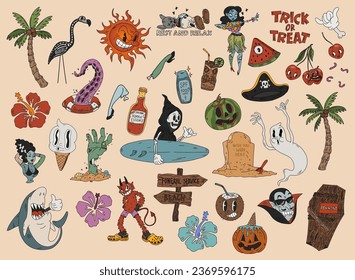 Halloween graphic retro cartoon stickers elements in tropical summer style - palms, watermelons, ghosts, zombie, death flamingo, vampire, surf and others. Hand drawn set. Vector illustration.