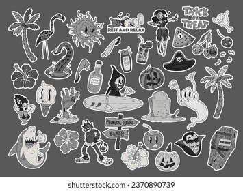 Halloween graphic retro cartoon stickers elements in tropical summer style - palms, watermelons, ghosts, zombie, death flamingo, vampire, surf and others. Hand drawn set. Vector illustration.