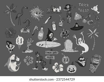 Halloween graphic retro cartoon stickers elements in tropical summer style - palms, watermelons, ghosts, zombie, death flamingo, vampire, surf and others. Hand drawn set. Vector illustration.