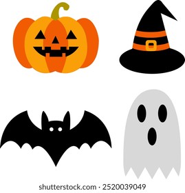 Halloween Graphic Set Featuring Witch Hat, Ghost, Bat, Pumpkin For Spooky Celebrations, Trick Or Treat Events, And Halloween Decorations. Fun And Creepy Collection For October 31 Party Backdrop.