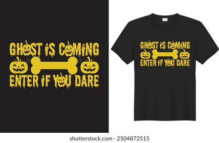 Diseño gráfico de la camiseta de Halloween. El fantasma viene a entrar si te atreves. Ilustración de camiseta de Halloween. Diseño de la camiseta del diablo de la cabeza de los cuernos. Esta camiseta está diseñada para el amante de Halloween.