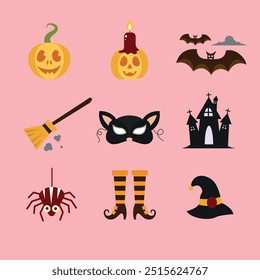 Conjunto de iconos gráficos de Halloween colección. diseño decorativo del mal. murciélago y araña. diseños de calabaza y máscara de gato. fantasmas miedo. colección de fiesta encantada y aterradora