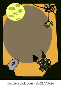 Halloween graphics in a frame consisting of moon, spiders, webs, scary castles. and gravestones cementary, yellow, orange, black