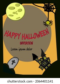 Halloween graphics in a frame consisting of moon, spiders, webs, scary castles. and gravestones cementary, yellow, orange, black