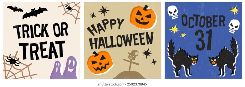 Halloween graphics, greeting cards or social media posts. Spooky ghosts, pumpkins and scary cats.