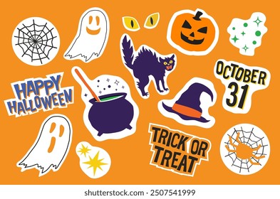 Halloween graphics for party and social media. Web, ghost, pumpkin, cat, cauldron, witch hat, trick or treat, happy halloween