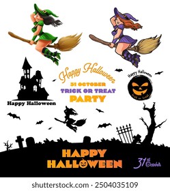 Halloween Graphics Set Witch House Fear Bat Cemetery Pumpkin