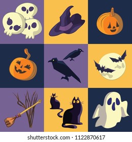 Halloween graphics with skulls, witch hat, pumpkin, raven, moon, bat, broom, black cat, ghost