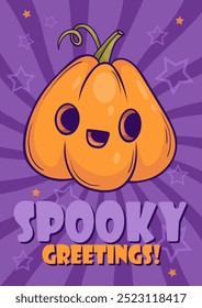 Cartão de gratidão de Halloween com laranja bonito macaco de abóbora o lanterna no fundo roxo com estrelas. Cartaz vertical com personagem kawaii engraçado e slogan Spooky Greetings. Ilustração vetorial