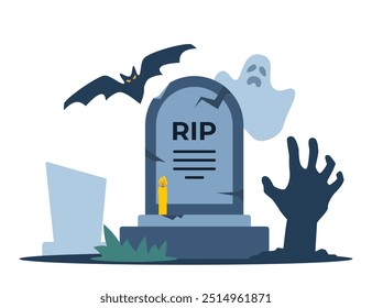 Halloween grave, bat, ghost, hand sticking out of grave. Old gravestone with cracks. tomb on white background. Granite plate with fissure. Vector illustration