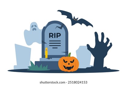 Halloween grave, bat, ghost, hand sticking out of grave. Old gravestone with cracks. tomb on white background. Granite plate with fissure. Vector illustration