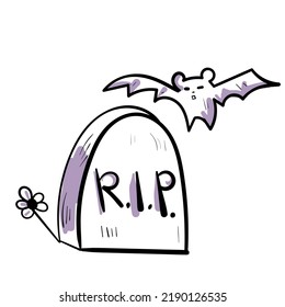 Halloween grave with flower and bat . Vector spooky doodle icon. Colourful illustration on white background.