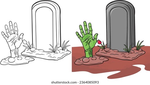 Halloween grave and hand cartoon. Black and white lines. Coloring page for kids. Activity Book.