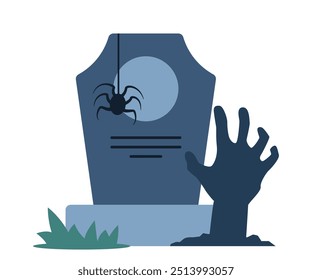 Halloween grave and hand sticking out of grave. Old gravestone with cracks. tomb on white background. Granite plate with fissure. Vector illustration