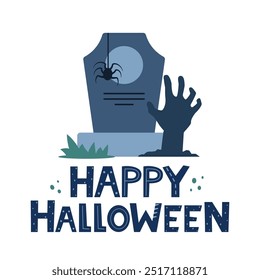 Halloween grave and hand sticking out of grave. Happy Halloween lettering. Old gravestone with cracks. tomb on white background. Granite plate with fissure. Vector illustration