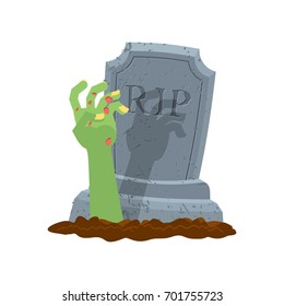 Halloween. Grave and hand of zombie. Gravestone and arm dead man. Illustration for terrible holiday