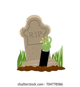 Halloween. Grave and hand of zombie. Gravestone and arm dead man. Illustration for terrible holiday
