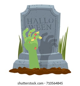 Halloween. Grave and hand of zombie. Gravestone and arm dead man. Illustration for terrible holiday. Vector illustration

