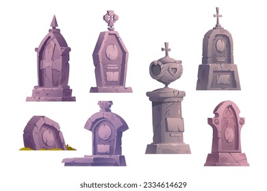 Halloween grave headstone cartoon illustration. Vector old tombstone with christianity cross and crack texture. Isolated blank gothic plate icon set. Burial rip pedestal. Antique spooky crypt sign svg
