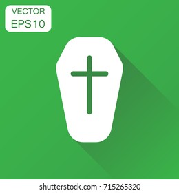 Halloween grave icon. Business concept gravestone pictogram. Vector illustration on green background with long shadow.