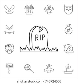 Halloween grave icon. Gravestone Rip tombstone icon. Set of Halloween icons on white background