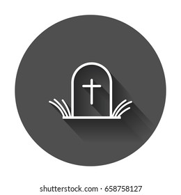 Halloween grave icon in line style. Gravestone vector illustration. Rip tombstone flat icon with long shadow.