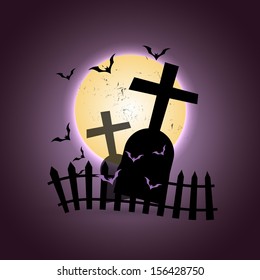 halloween grave illustration with flying bats