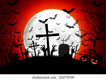 Halloween grave on full moon  background pumpkin hand and bats. vector