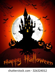 Halloween grave on full moon background pumpkins, hand, scary house and bats. vector