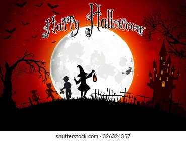 Halloween grave on full moon background with a little girls. vector