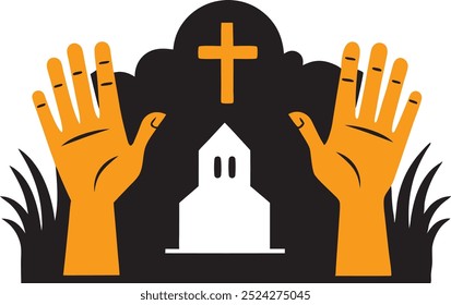 Túmulo de Halloween com mãos rezando e logotipo da Igreja - Ícone assustador