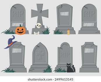 halloween grave set with pumpkin, cat, witch hat, candle, skull and bones