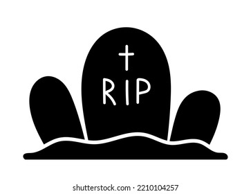 Halloween grave silhouette. Rest in peace and cross. Horror and fear, tombstone. Sticker for social networks and messengers. Cemetery landscape, granite slab. Cartoon flat vector illustration