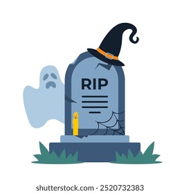 Halloween grave and witch's hat. Old gravestone with cracks. tomb on white background. Granite plate with fissure. Vector illustration