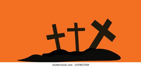 Halloween grave yard silhouette christian grave yard cross catacomb cross tombstone with orange background