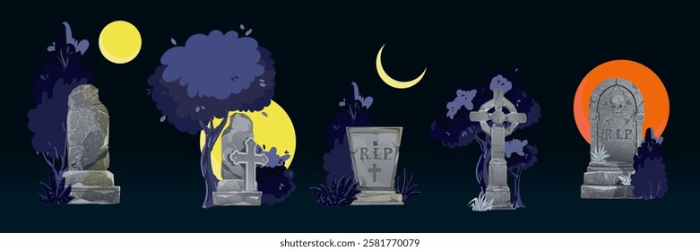 Halloween graves. Spooky grave stones with zombie hands and bats, Halloween monster zombie scrawny hand sticking out from gravestone silhouette flat vector illustration set. Creepy Halloween posters