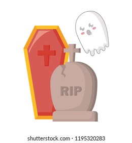 halloween gravestone with coffin and ghost