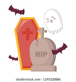 halloween gravestone with coffin and ghost