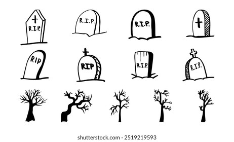 Halloween gravestone and dry trees on cemetery clipart. Hand drawn doodle illustration.