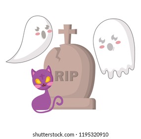 halloween gravestone with ghosts and cat