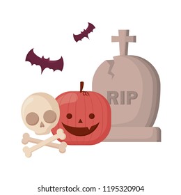 halloween gravestone with pumpkin and bats