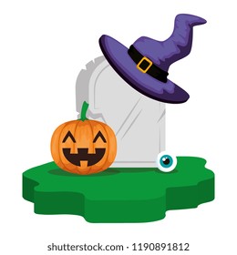 halloween gravestone with pumpkin and witch hat