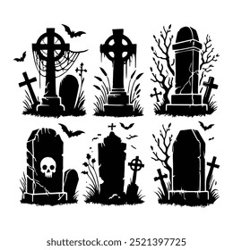 Halloween Gravestone Silhouette Collection with Skulls and Crosses