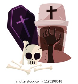 halloween gravestone with skull and coffin